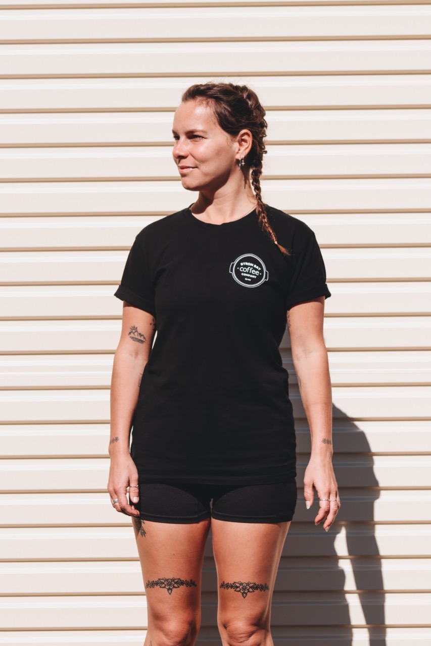 Girl wearing a Byron Bay Coffee Company t-shirt