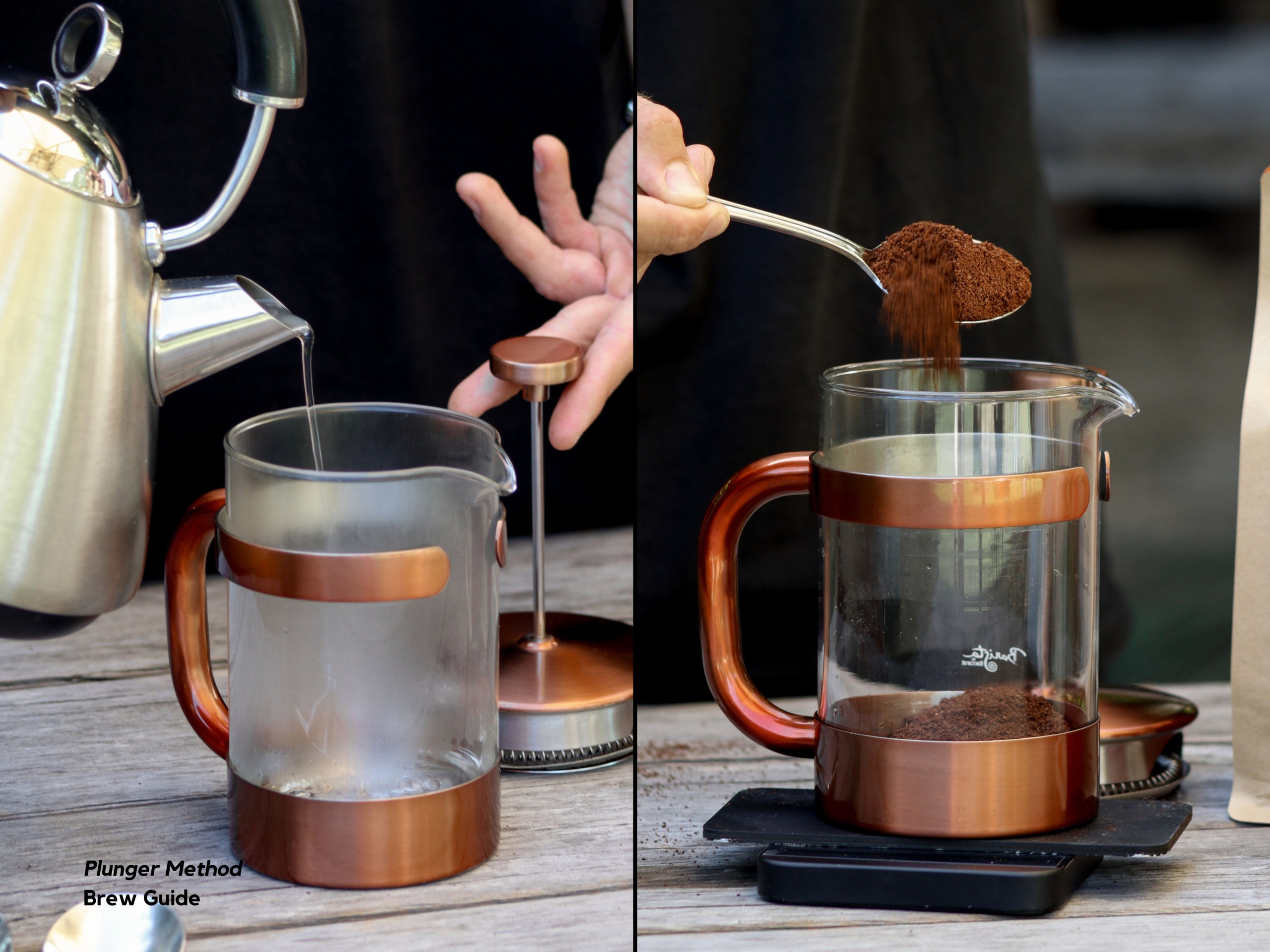 Pouring boiled water and coffee into plunger