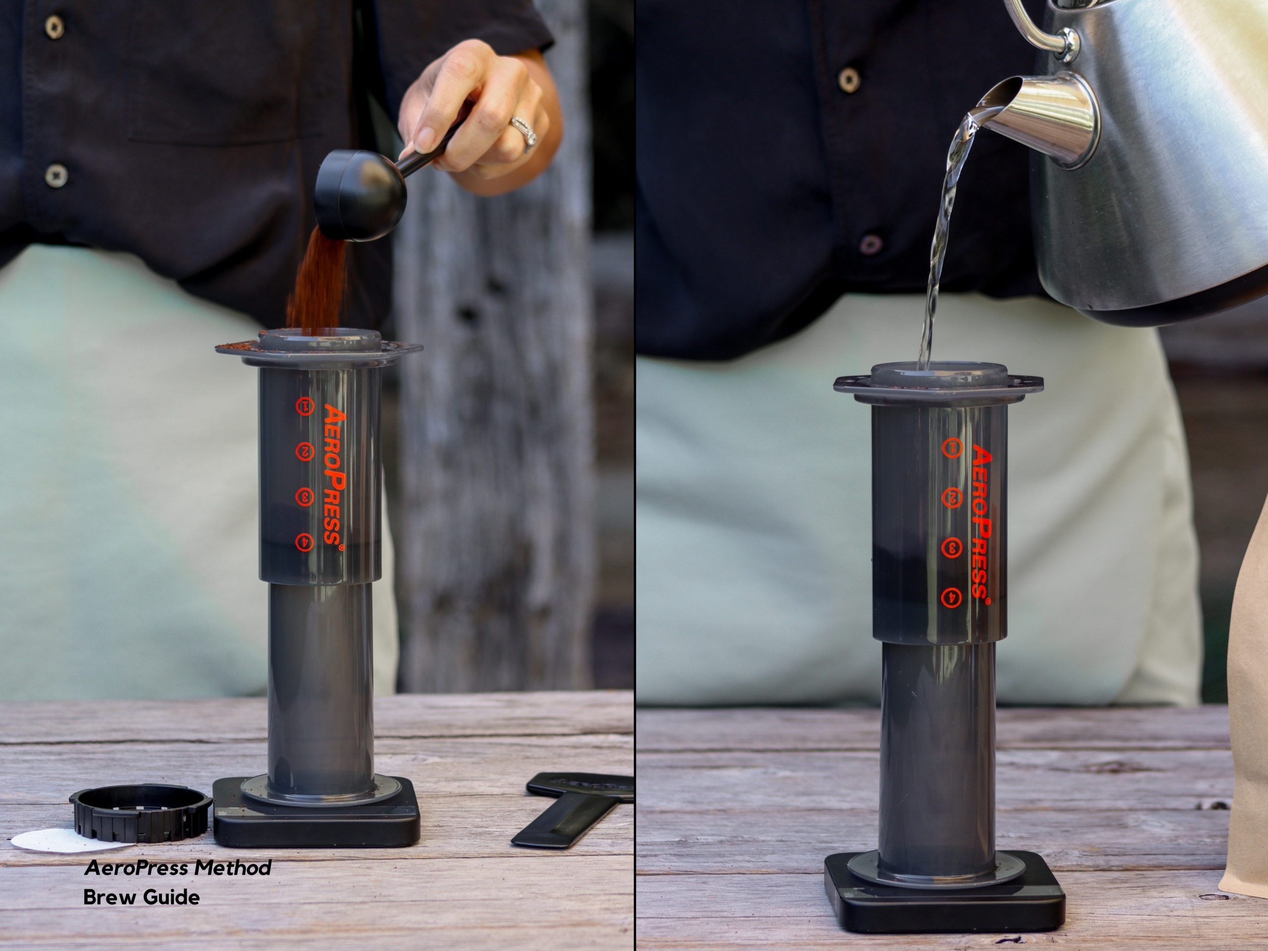 Pouring coffee and hot water into the AeroPress