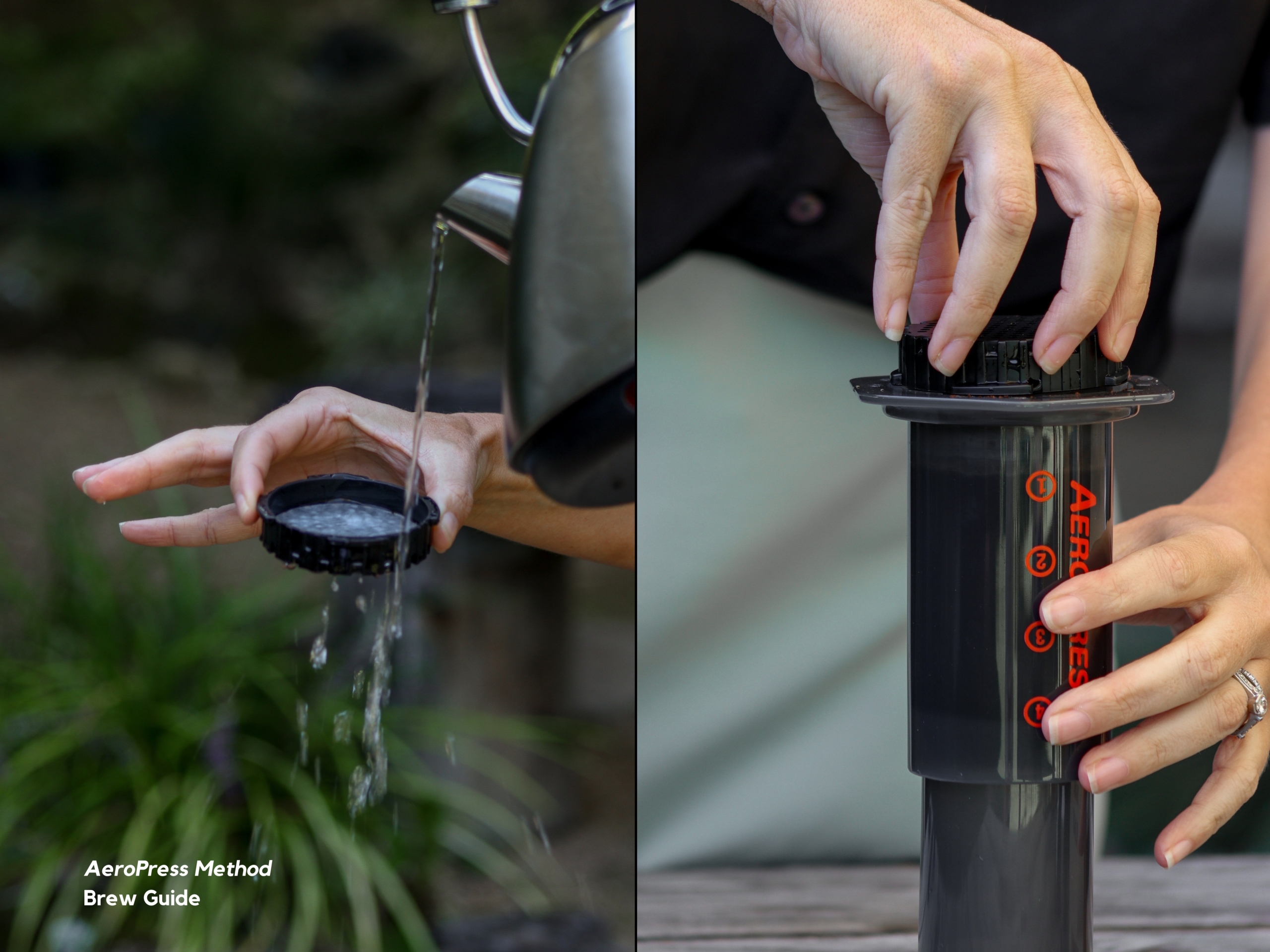 Pouring hot water through a coffee paper filter, and placing the AeroPress lid over the chamber