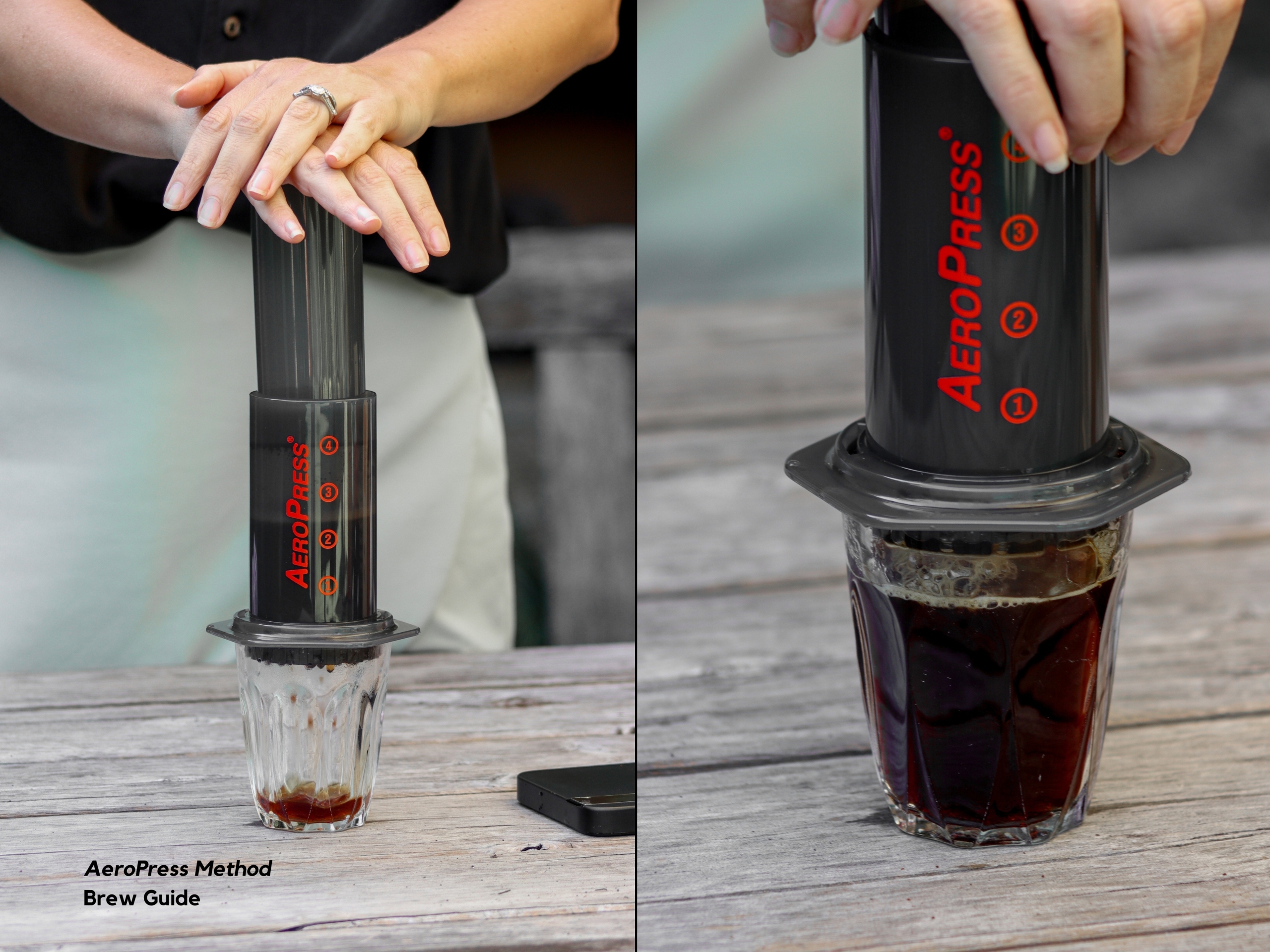 Pressing AeroPress to extract the coffee